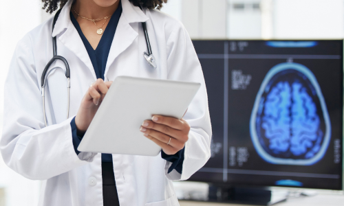Female neurologist on smart tablet